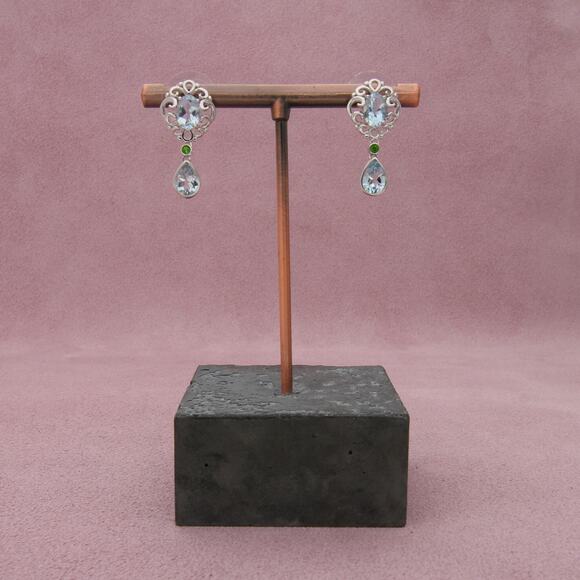 sterling silver aquamarine & peridot scroll dangle post earrings - Picture 1 of 3